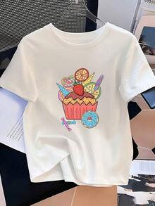 Camiseta de algodón de una pieza, camisetas de algodón para mujer, camiseta con estampado de dibujos animados de donuts y cupcakes para mujer, estilo dopamina de manga corta, top versátil informal para estudiantes, ropa de verano para mujer, ropa casual elegante para mujer, top versátil de estilo callejero de verano, top informal y versátil, lavable a máquina, ajuste moderno y cómodo, versátil para 2026. Ropa Y2k para Mujer, Conjuntos de Verano para Mujer, Ropa de Vacaciones para Mujer, Vestidos de Verano para Mujer, Adecuado para primavera, verano y otoño. - Blanco - Ver 7