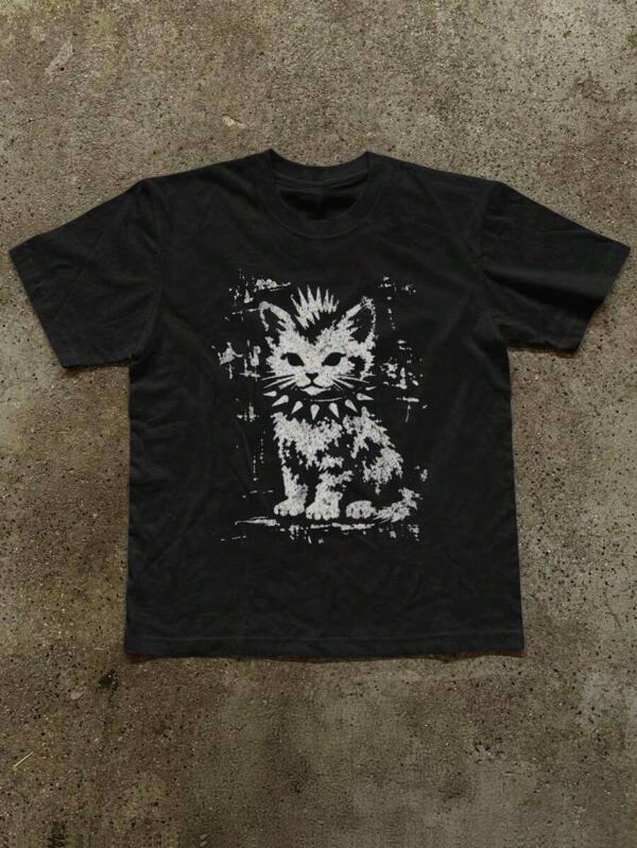 Unisex Short-Sleeved T-Shirt, Short-Sleeved T-Shirt With Round Neck And Minimalist Print For Women, T-Shirts For Men, , Women, Romwe Men, Boho Chic, Gifts For Teachers, Women's T-Shirt, Curvy Outfits For Men, Y2k. - 黑色 - 查看 1