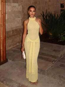 Vestido de punto sin mangas elegante y minimalista con cuello halter, estilo universitario chic, para primavera/verano - Amarillo - Ver 4