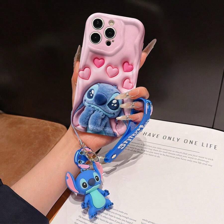 Disney Lilo And Stitch Phone Case : 3D Fluffy Pattern Border Protector Phone Soft Phone Case With A Free Cute Stitch Bracelet Chain Lanyard, Stitch, Lilo, Angel, For Apple 17 Promax 17 Pro 16 15 14 13 12 11 Pro Max XS Max X XR Soft Cover Summer Phone Case - 白色 - 查看 1