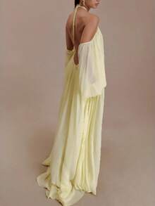 Vestido vacacional de cuello halter, manga larga, corte holgado y falda amplia fluida, estilo europeo y americano - Amarillo - Ver 4