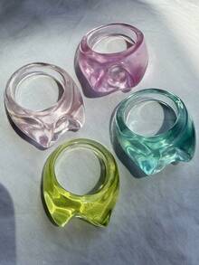 4pcs Set Fashionable Glamorous Sparkling Unique Delicate Creative Luxury Versatile High-End Elegant Translucent Colorful Asymmetrical Cat Head Resin Rings, Suitable For Daily Wear, Festivals And Parties - View 8