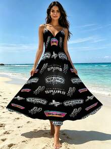 New N-BA Team Theme Women's Vacation Casual V-Neck Long Dress, 3D Print Backless Dress San Antonio Spurs Logo Pattern Print Spring/Summer Vacation Out - Style - View 4