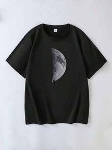 Printed Crew Neck T-Shirt, Casual Short-Sleeved Top For Spring And Summer, Plus Size Women's Clothing, Suitable For Daily Wear, Going Out, Parties, School, Attending Music Festivals, Vacations, Running Errands. Can Be Given As A Gift To Family, Boyfriend, Girlfriend, Friends, Summer Clothes For Girls, Black - 黑色 - 查看 2