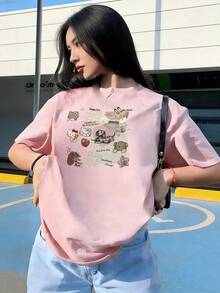 Cute Character Collage T-Shirt With Scrapbook Elements,  Short-Sleeve T-Shirt For Spring/Summer 2026, Made In Mexico, 180 Grams. Cartoon Print, Couple Design, Suitable For Indoor Or Outdoor Wear. Crew Neck, Unisex, Ideal For Office And Leisure. One-Pack. - PK-P631577SLNDXZGY506 - 查看 2
