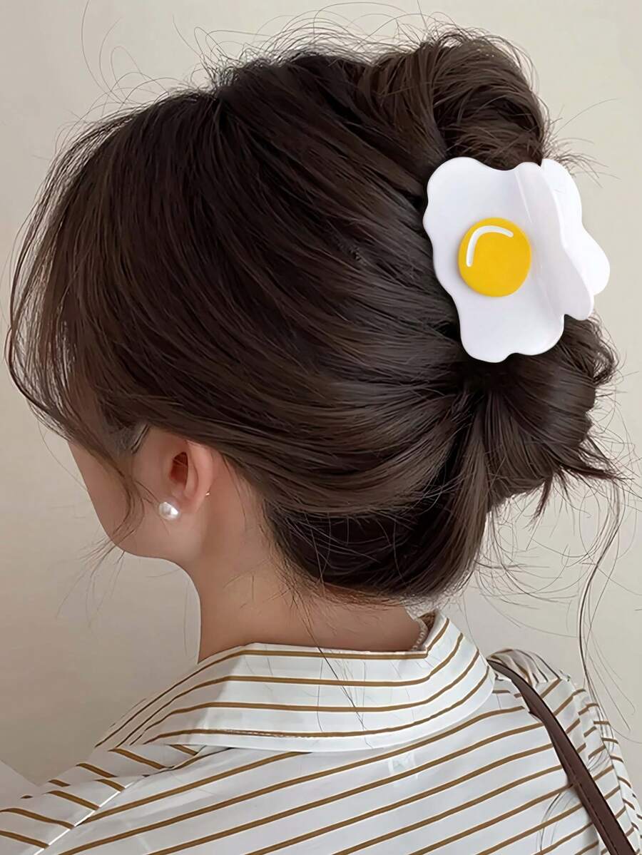 1 chiếc kẹp tóc hình trứng chiên giả màu trắng theo phong cách đường phố hoạt hình, cỡ trung bình, thanh lịch, dễ thương, đa năng, làm bằng axetat, chống trượt chắc chắn, phụ kiện thời trang, thích hợp cho các dịp lễ, tiệc tùng, sử dụng hàng ngày và làm quà tặng. - trắng - Xem 1