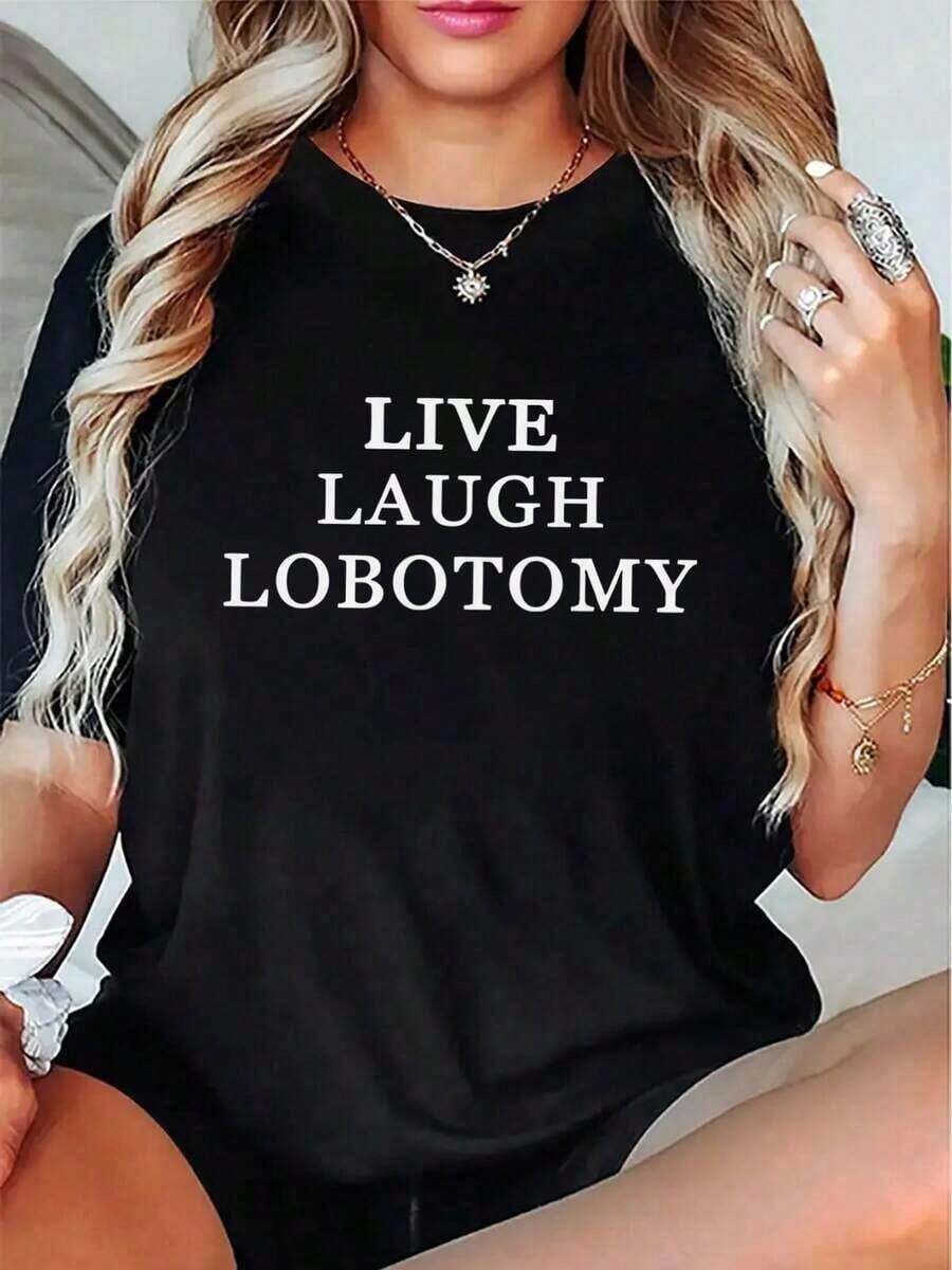 Women's Printed Short-Sleeve Summer T-Shirt, Regular Fit And Comfortable - "Live Laugh Brain Removal" Print T-Shirt, Comfortable And Stylish, Gift Idea. Casual Crew Neck Short-Sleeve T-Shirt, Summer Top For Women. Loose And Versatile Short-Sleeve T-Shirt For Women. - 黑色 - 查看 1