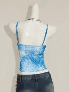ICON Camisola Ajustada con Cuello en V y Volantes, Estampado Paisley Teal, Estilo Bohemio Retro Sexy Y2K para Mujer - Azul - Ver 2