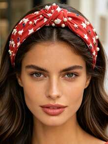 1pc Fashion Rhinestone Beaded Wide Headband, Star Print Knotted Hairband For Party & Costume - Multicolor - View 8