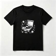 Vintage Turntable Black Cotton T-Shirt Musical Style - Black - View 1