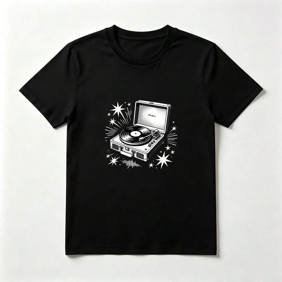 Vintage Turntable Black Cotton T-Shirt Musical Style - Black - View 1