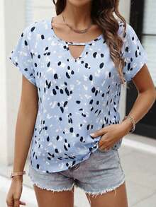 Camisa de mujer con estampado total, versátil para uso casual diario de manga corta - Azul - Ver 5