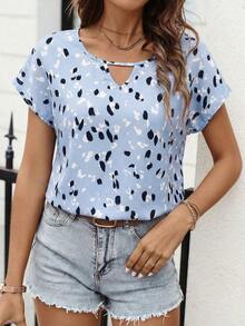 Camisa de mujer con estampado total, versátil para uso casual diario de manga corta - Azul - Ver 6