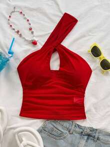 Blusa roja sexy con un solo hombro, de espalda abierta y calada, adecuada para vacaciones, festivales de música, estilo bohemio, ganchillo, lino, citas de verano - Rojo - Ver 4