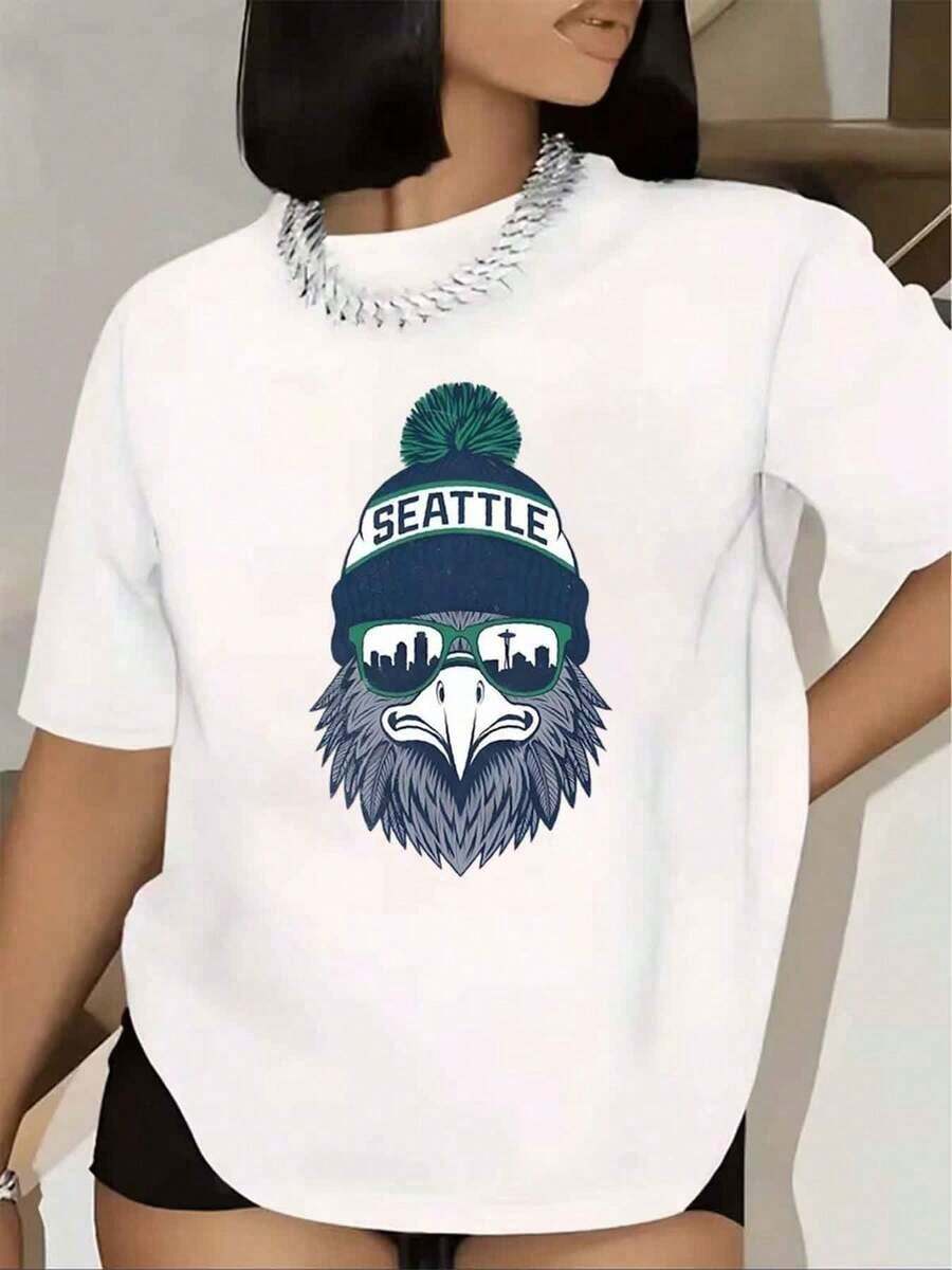 Women's T-Shirt With Seattle Eagle Print, Hat And Sunglasses, Short Sleeve, Round Neck, Casual, Streetwear, 220g - 白色的 - 查看 1