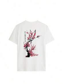 Women's Loose-Fitting Japanese-Style Cherry Blossom Print T-Shirt, 100% Cotton, Breathable, Round Neck, Short Sleeve, Y2K Streetwear, Suitable For Spring Outings, Urban Walks And Casual Daily Wear, Summer Pink Color. - 白色 - 查看 2