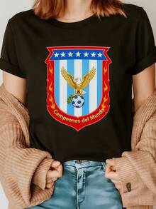 Golden Eagle Holding A Ball On Light Blue And White Stripes Surrounded By Fire And Stars Symbolizing Strength, Glory And Competitive Spirit. Comfortable, Casual, Modern Women's T-Shirt - 黑色 - 查看 8