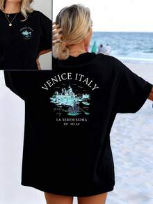 Seascape With A Gondola Sailing Through Calm Waters In Front Of The Historic Buildings Of Venice, Evoking The Serenity Of Summer. Women's T-Shirt With A Stylish And Comfortable Double Print. - 黑色 - 查看 1
