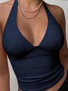 Top de tirantes de cuello halter sin espalda con cuello en V de color liso, uso casual diario - azul real - Ver 3