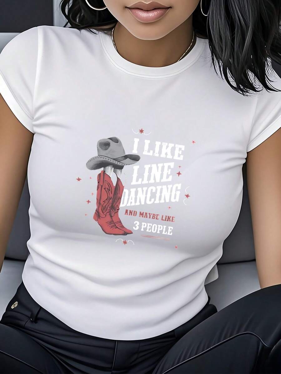 Women's T-Shirt Made Of Pure Cotton, Casual Loose Style, With "I Love Square Dancing" Print, Short Sleeves And Round Neck, Unique And Modern Western Cowboy Style, Perfect For Daily Use, Parties And Meetings, Suitable For Both Gifting And Personal Use. - 白色 - 查看 1