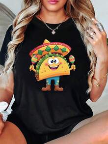 Women's T-Shirt: Happy Taco Carnival Party Style, Wide Brim Hat, Maracas, Food Theme Fun, Creative Design Print, Women's Round Neck T-Shirt Spring/Summer, Versatile For Daily Wear, Gift For Parties, Shopping, Gatherings, Outings, Stylish, Vintage And Fashionable T-Shirts For Women. - 黑色 - 查看 1