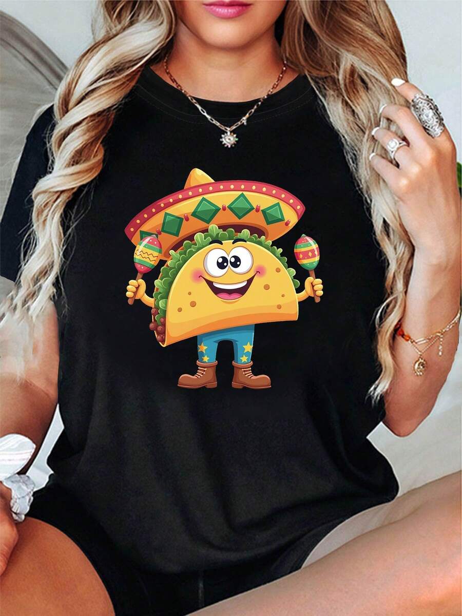 Women's T-Shirt: Happy Taco Carnival Party Style, Wide Brim Hat, Maracas, Food Theme Fun, Creative Design Print, Women's Round Neck T-Shirt Spring/Summer, Versatile For Daily Wear, Gift For Parties, Shopping, Gatherings, Outings, Stylish, Vintage And Fashionable T-Shirts For Women. - 黑色 - 查看 1