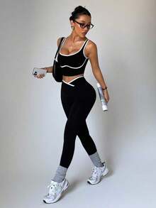 Dewbera Conjunto deportivo de mujer de dos piezas con bloques de color sin costuras, malla de yoga, conjunto de fitness, conjunto de entrenamiento de dos piezas, conjunto activo de dos piezas, conjunto deportivo negro de dos piezas - Negro - Ver 3