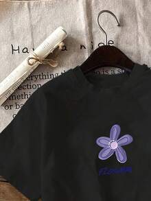 Camiseta con estampado gráfico, manga corta y cuello redondo, top casual para verano y primavera, ropa de mujer - Negro - Ver 3