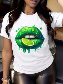 TrendyWomen's Lime Slice Lips Graphic T-Shirt - 100% Cotton, Short Sleeve, Round Neck, Casual Top, Breathable, Summer T-Shirt For Outdoor Activities And Casual Wear, Everyday Use - 白色 - 查看 1