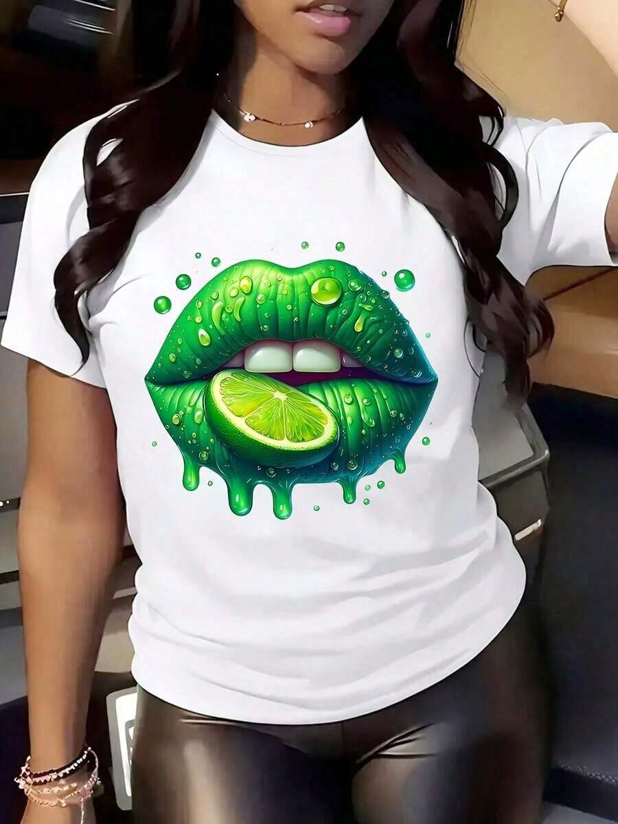 TrendyWomen's Lime Slice Lips Graphic T-Shirt - 100% Cotton, Short Sleeve, Round Neck, Casual Top, Breathable, Summer T-Shirt For Outdoor Activities And Casual Wear, Everyday Use - 白色 - 查看 1