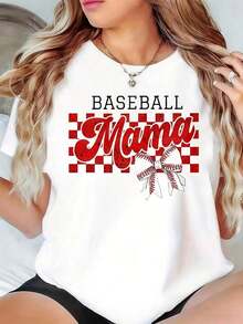 "Baseball Mama" T-Shirt With Red Plaid Pattern And Baseball Bow Print For Game Day And Independence Day Celebration, "Mama" Style. - 白色 - 查看 7