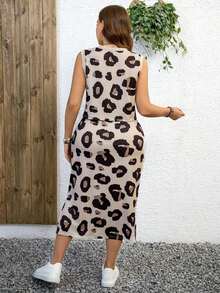 Conjunto de 2 piezas de mujer talla grande con estampado de leopardo - Top y falda, para primavera, casual de negocios, sencillo y de moda, atuendo de vacaciones, para uso diario, atuendo de verano, playa - Albaricoque - Ver 2