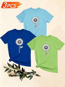 Women's T-Shirts, Women's T-Shirts, Casual Short-Sleeved T-Shirt With Round Neck And Sunflower Print, Made Of Comfortable Cotton, Modern And Versatile, Summer Top For Women. - 1件黑色隨機圖案 - 查看 6