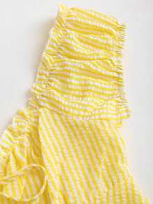 Conjunto de 2 piezas de blusa de manga de pétalo a rayas estilo francés dulce y pantalones rectos holgados para mujer, de primavera/verano - Amarillo - Ver 8