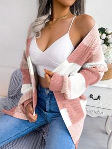 Women's Striped Cardigan Sweater Fall Winter Color Block Long Sleeve Puff Sleeve Open Front Knit Jacket With Pockets - Hồng - Xem 5