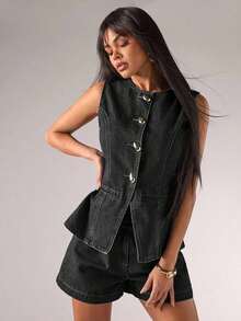 Blusa vaquera sin mangas con botones delanteros, casual y para ir al trabajo, para verano - Negro - Ver 3