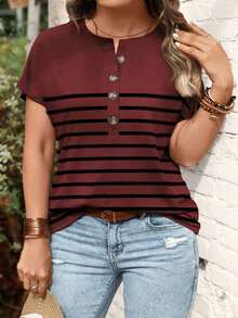 Nueva camiseta de manga corta con cuello en V y estampado de leopardo, talla grande, popular para mujeres en primavera/verano - Burdeos - Ver 3
