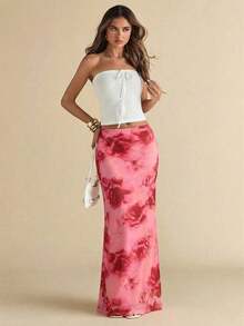 Falda de malla con estampado floral rosa de cintura media-baja para mujer de  , adecuada para la temporada de bodas, temporada de graduaciones, salidas nocturnas, actividades de fiesta, viajes, festivales, falda elegante para mujer, falda rosa. - Rosa Fucsia - Ver 4