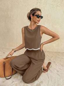 Conjunto de 2 piezas de top de tirantes y pantalones de moda casual de vacaciones para mujer - Caqui - Ver 5