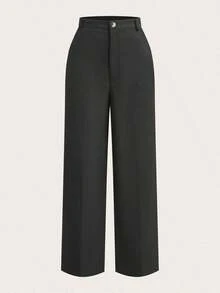 Pantalones rectos unicolor con cremallera - Negro - Ver 5