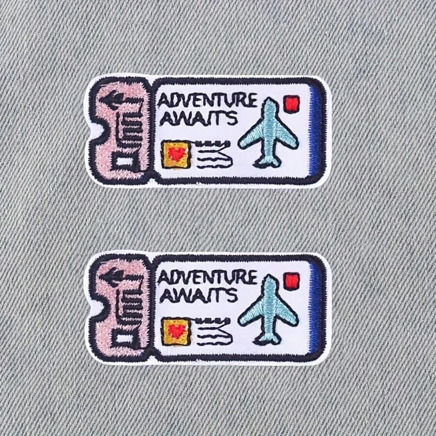 2 Mini Airline Ticket Embroidery Patches- Colorful Knitted Iron-On/Sew-On For Clothing, Backpacks, Hats, Shoes- Fun "Adventure Awaits" Design With Airplane And Suitcase Patterns, Travel-Themed Items| Humorous Patch Design| - 2pcs - View 1