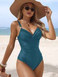 Traje de baño de una pieza con control de abdomen y acolchado, elegante y maduro, para mujer, color negro - Agua verde azul - Ver 5