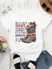 1 Piece Of Women's Round Neck T-Shirt With Cowboy Boot Print And American Flag And Text, Short Sleeve, Casual Summer Style For Patriotic Events And Outdoor Activities, 180g, 100% Cotton. - 白色 - 查看 3