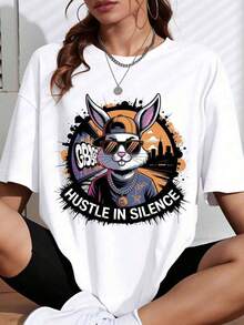 1 camiseta negra con estampado gráfico de "Rabbit Hustle In Silence" para uso casual, 180g, 100% algodón. - Blanco - Ver 1