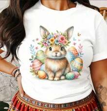 Easter Bunny T-Shirt, Sweatshirt And Tank Top: Bunny With Floral Crown And Eggs, Spring T-Shirt - 白色的 - 查看 1