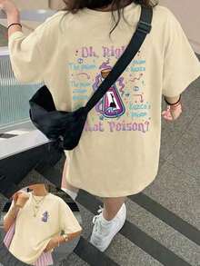 Loose-Fitting Short-Sleeved T-Shirt With A Round Neck, Featuring A "Oh Yes!" "Is That Poison?" Print And A Bottle. Suitable For Everyday Wear, Outings, Holidays, Valentine's Day, Gardening, And Work. Plus Size Available. Spring/Summer/Autumn. Black. - 杏 - 查看 1