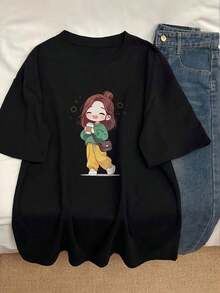 Clothing | Women's Clothing | T-Shirts | Women's Summer Short Sleeve T-Shirt, Casual, Fashionable, Loose Fit, Ins Over Fire Style - 黑色 - 查看 9