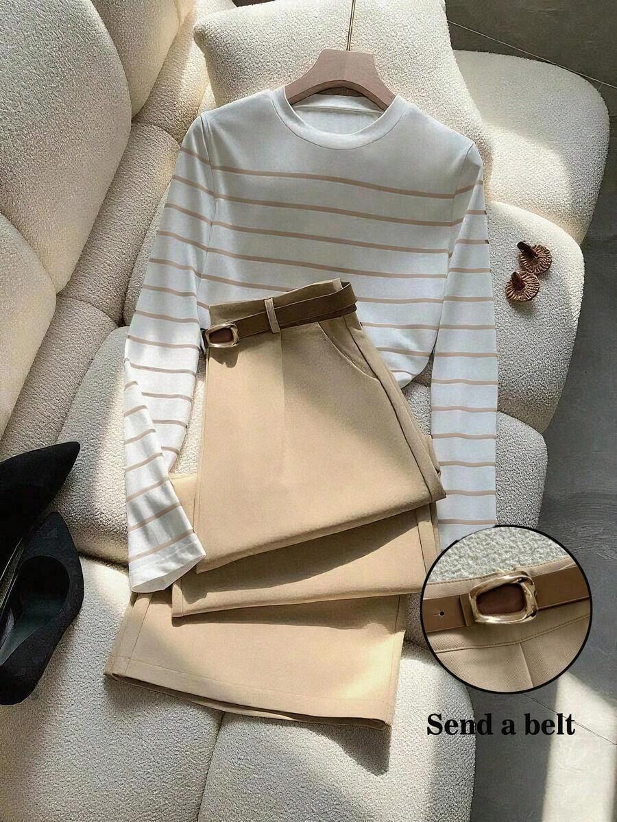 2 piezas Conjunto elegante de camiseta de manga larga a rayas y pantalones con bolsillos y cinturón para mujer - Caqui - Ver 1