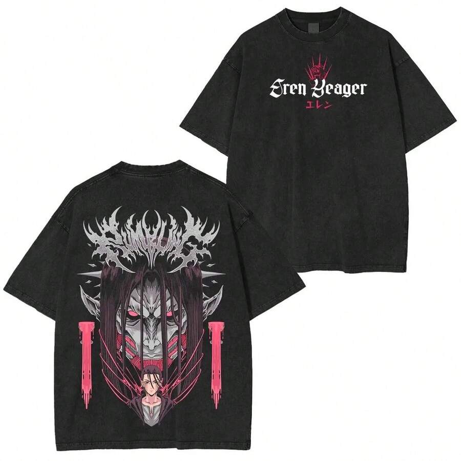 Vintage T-Shirt With Titan Demon Graphic Print In Pink And Washed Gray | Unisex Casual Thick Cotton T-Shirt, Gothic Style, Plus Size, For Men And Women - 黑色 - 查看 1