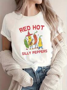 Women's Casual T-Shirt. Fun Chili Pepper Design T-Shirt - Red Short-Sleeved Crew Neck T-Shirt With A Fun Chili Pepper Design, Lightweight And Casual, Machine Washable, Ideal For Casual Summer And Spring Outfits And Chili Pepper-Themed Looks. A Must-Have For Everyday Casual Wear. - 白色 - 查看 7